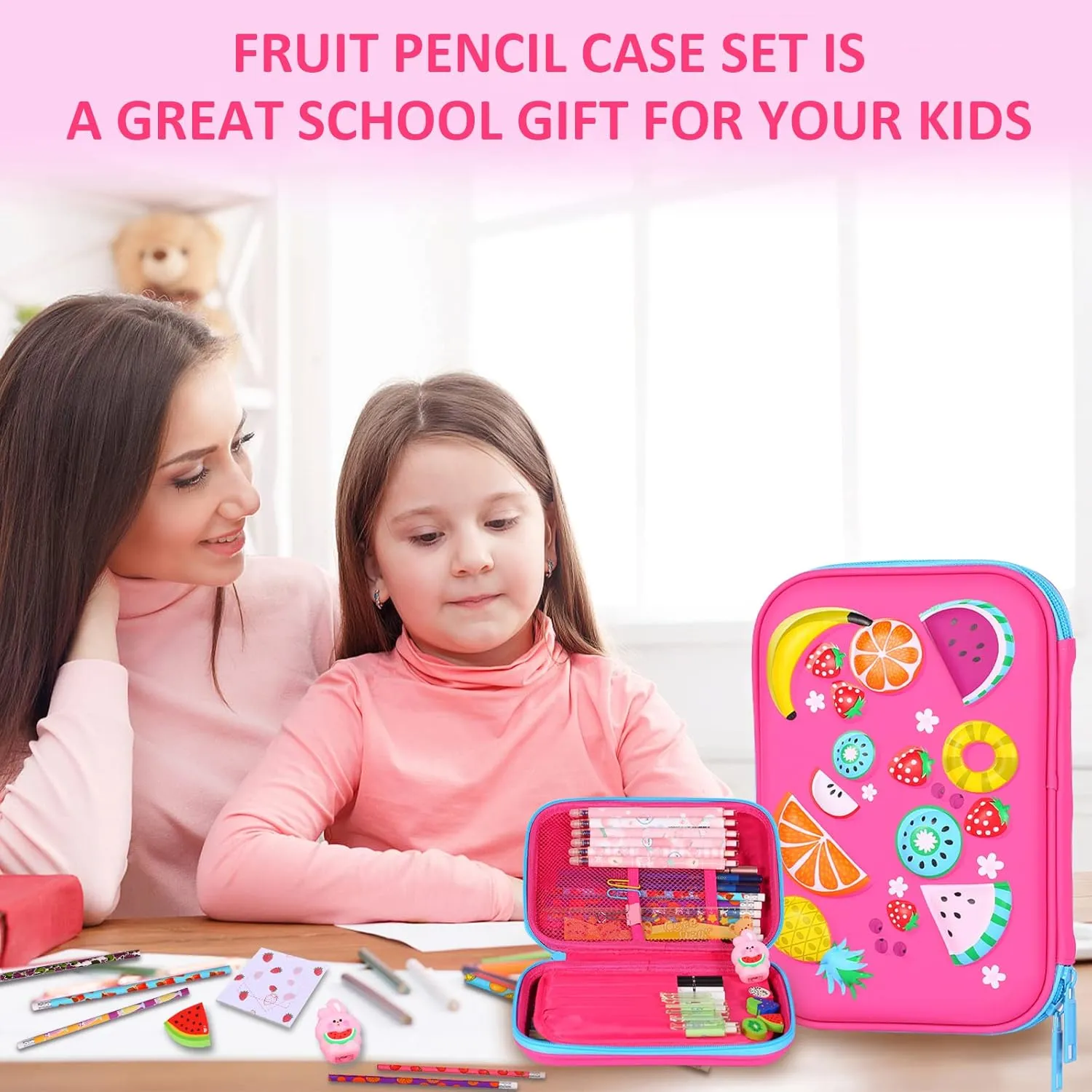 homicozy Pencil Case for Girls,Cute Fruit Stationary Set for Kids,3D EVA School Large Capacity Pencil Pen Box with Compartment,School Supplies for Girls,Back to School Gifts for Kids,Rose Red