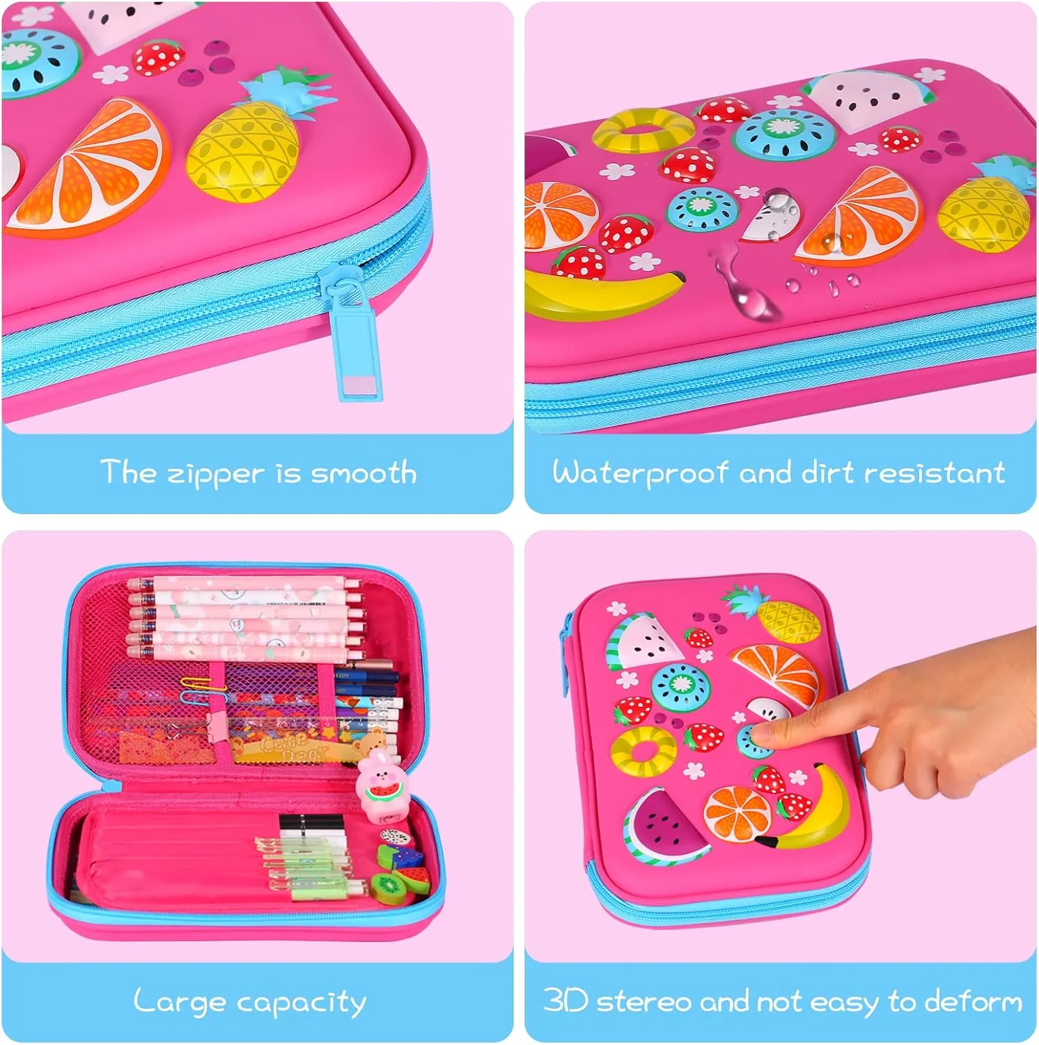 homicozy Pencil Case for Girls,Cute Fruit Stationary Set for Kids,3D EVA School Large Capacity Pencil Pen Box with Compartment,School Supplies for Girls,Back to School Gifts for Kids,Rose Red