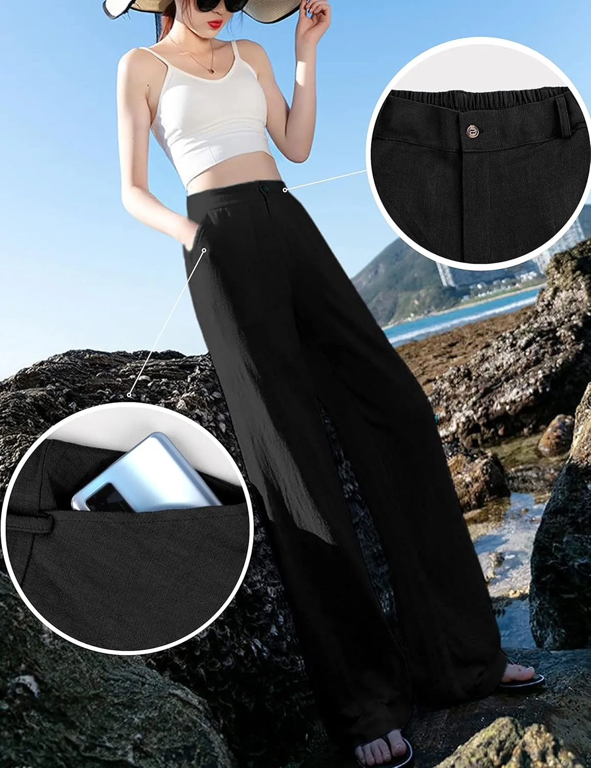 Hooever Womens Cotton Linen Pants Casual Button Up High Waisted Wide Leg Trousers