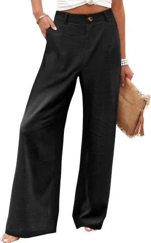 Hooever Womens Cotton Linen Pants Casual Button Up High Waisted Wide Leg Trousers