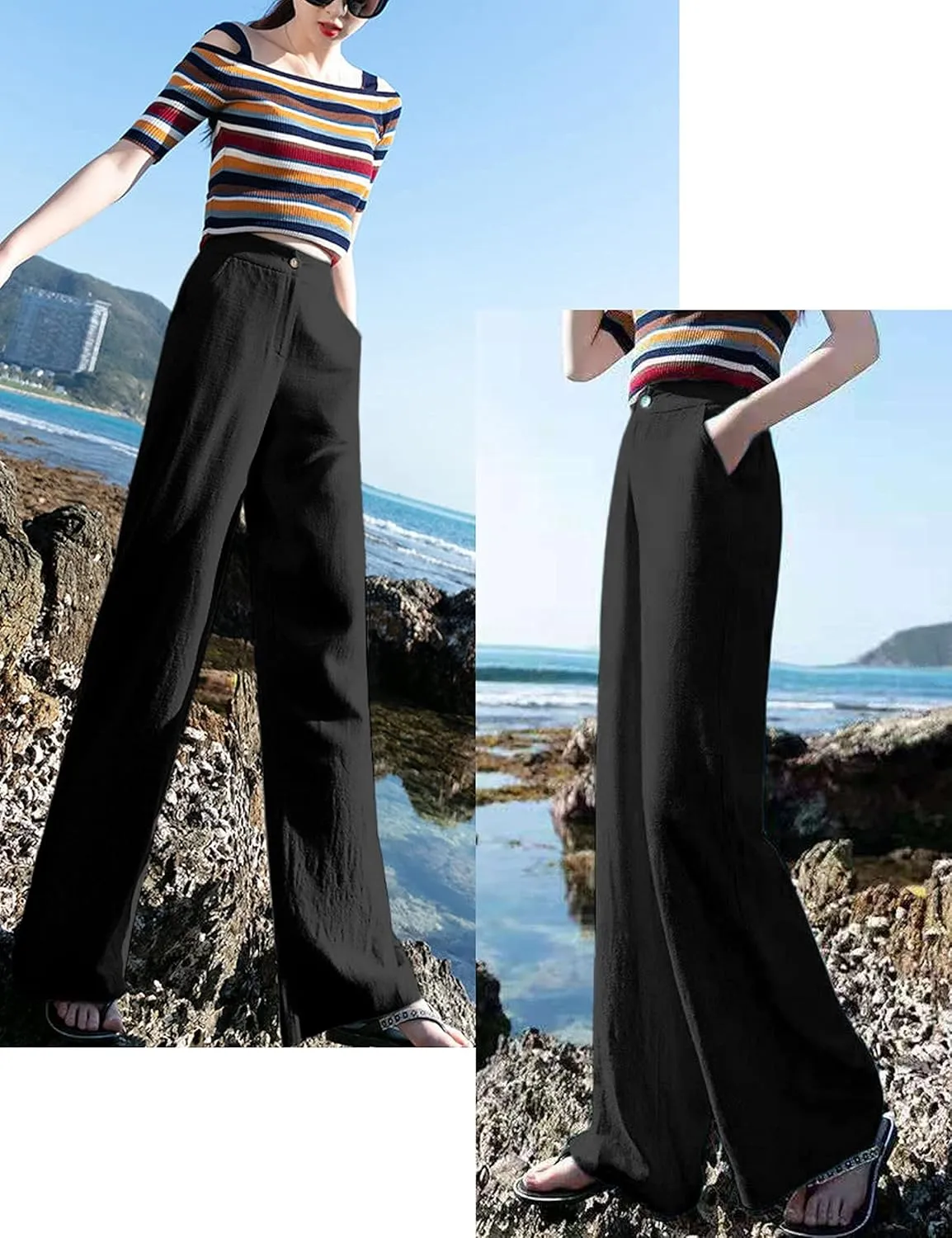 Hooever Womens Cotton Linen Pants Casual Button Up High Waisted Wide Leg Trousers