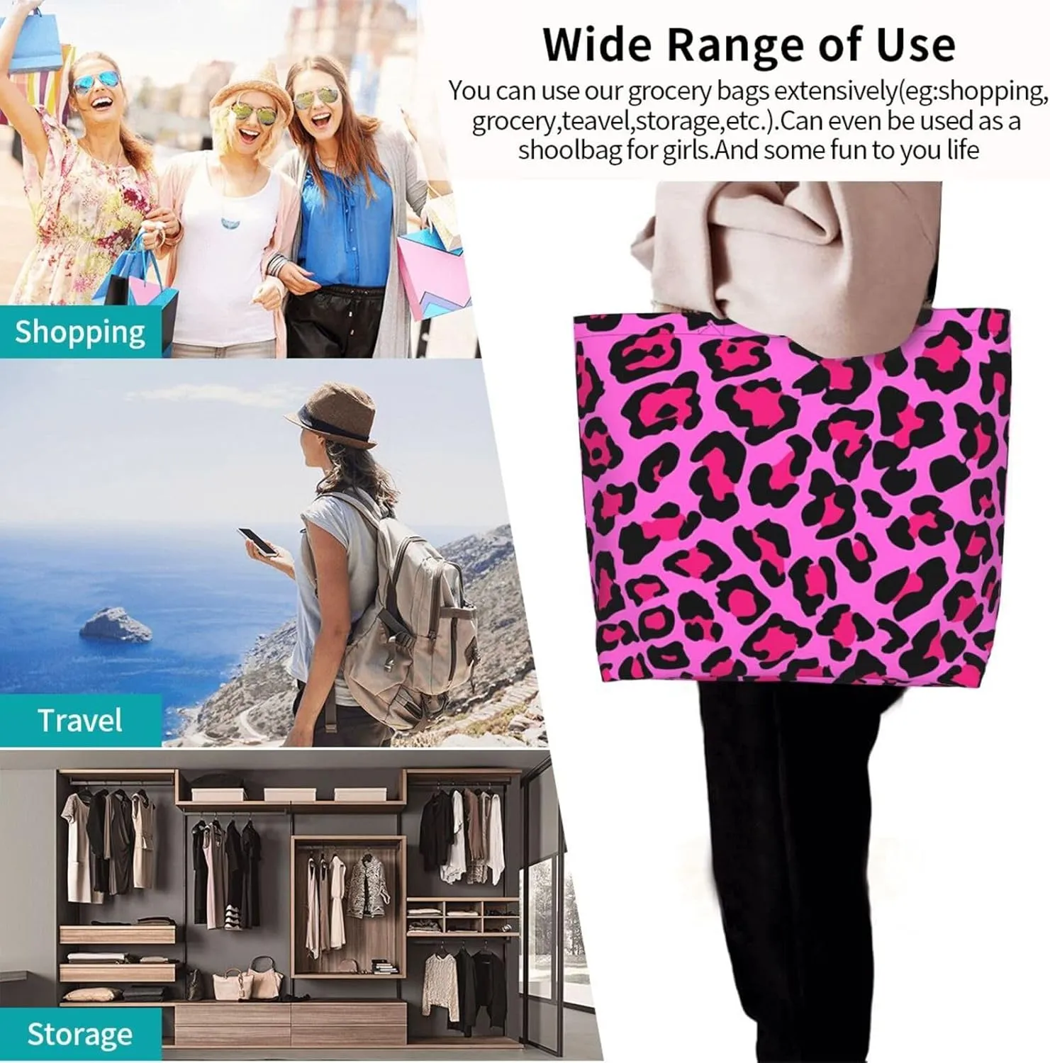 Hot Pinks Zebra Leopard Animal Stripes Women's Tote Bag Large Capacity Single Shoulder Bags Handbag for Shopping Work