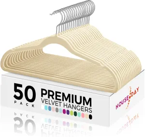 HOUSE DAY Premium Velvet Hangers 50 Pack, Non-Slip Flocked Felt Hangers, Sturdy Clothes Hangers with 360° Rotatable Hook, Heavy Duty Coat Hanger, Durable Slim Beige Hanger for Closet Space Saving