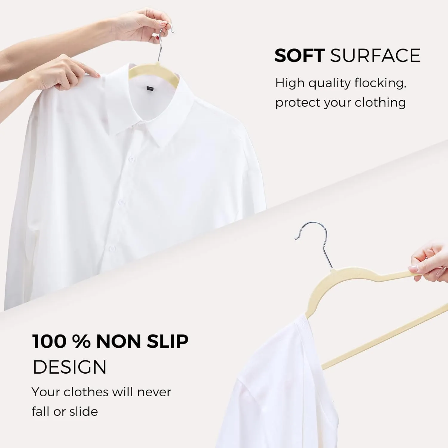 HOUSE DAY Premium Velvet Hangers 50 Pack, Non-Slip Flocked Felt Hangers, Sturdy Clothes Hangers with 360° Rotatable Hook, Heavy Duty Coat Hanger, Durable Slim Beige Hanger for Closet Space Saving
