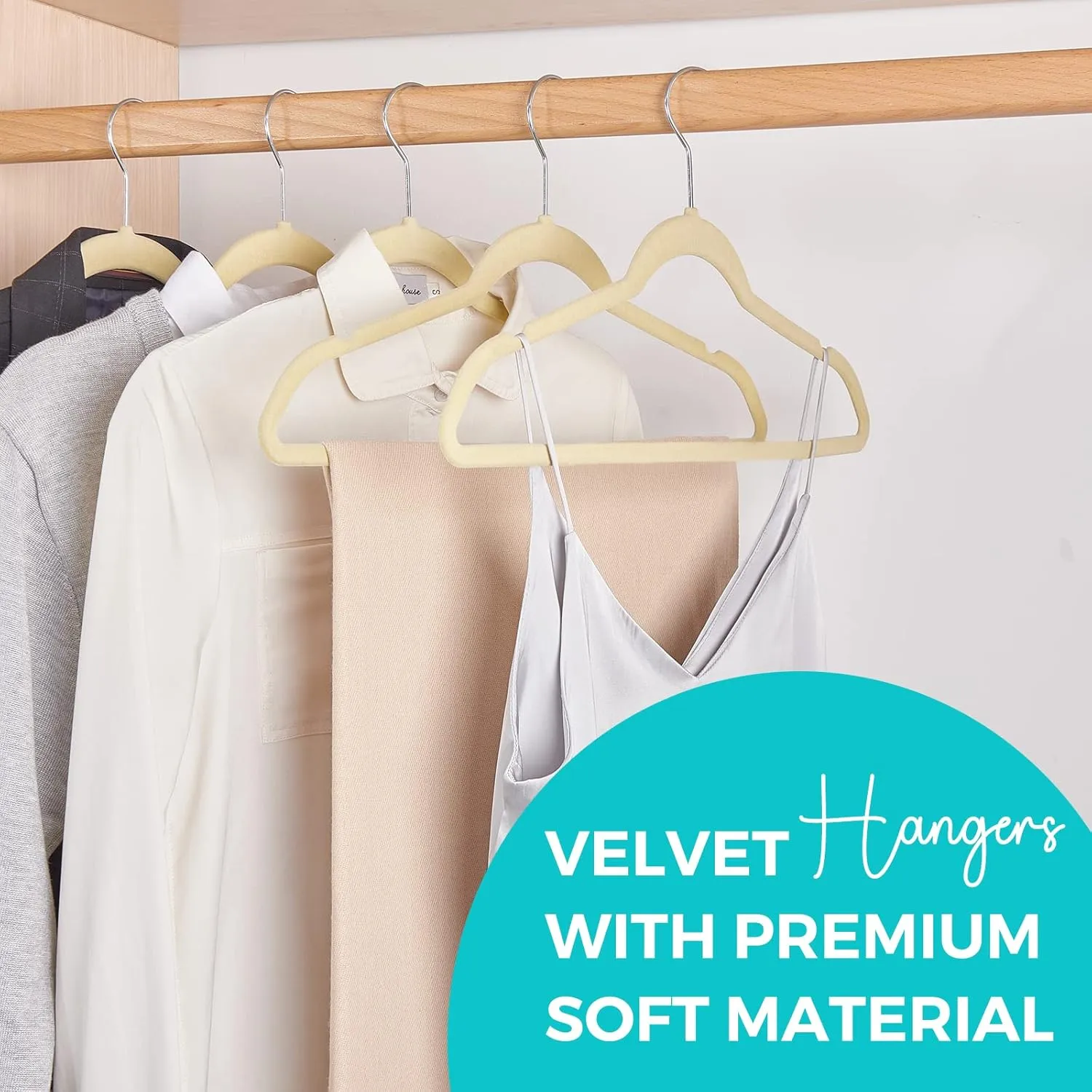 HOUSE DAY Premium Velvet Hangers 50 Pack, Non-Slip Flocked Felt Hangers, Sturdy Clothes Hangers with 360° Rotatable Hook, Heavy Duty Coat Hanger, Durable Slim Beige Hanger for Closet Space Saving