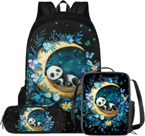HUGS IDEA Cute Panda School Backpack with Lunch Box for Girls 8-10 Moon Kids Book Bag with Lunchbox Pencil Case 3 In 1 School Bag and Lunch Box Set Cute Bookbag for 5th Grade Girls