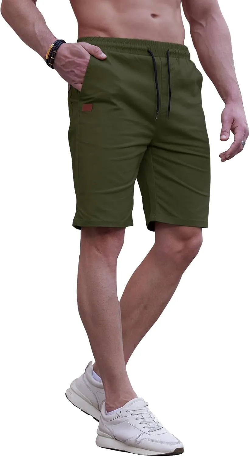 HUNGSON Mens Casual Shorts - Cotton Drawstring Summer Beach Stretch Twill Chino Golf Shorts