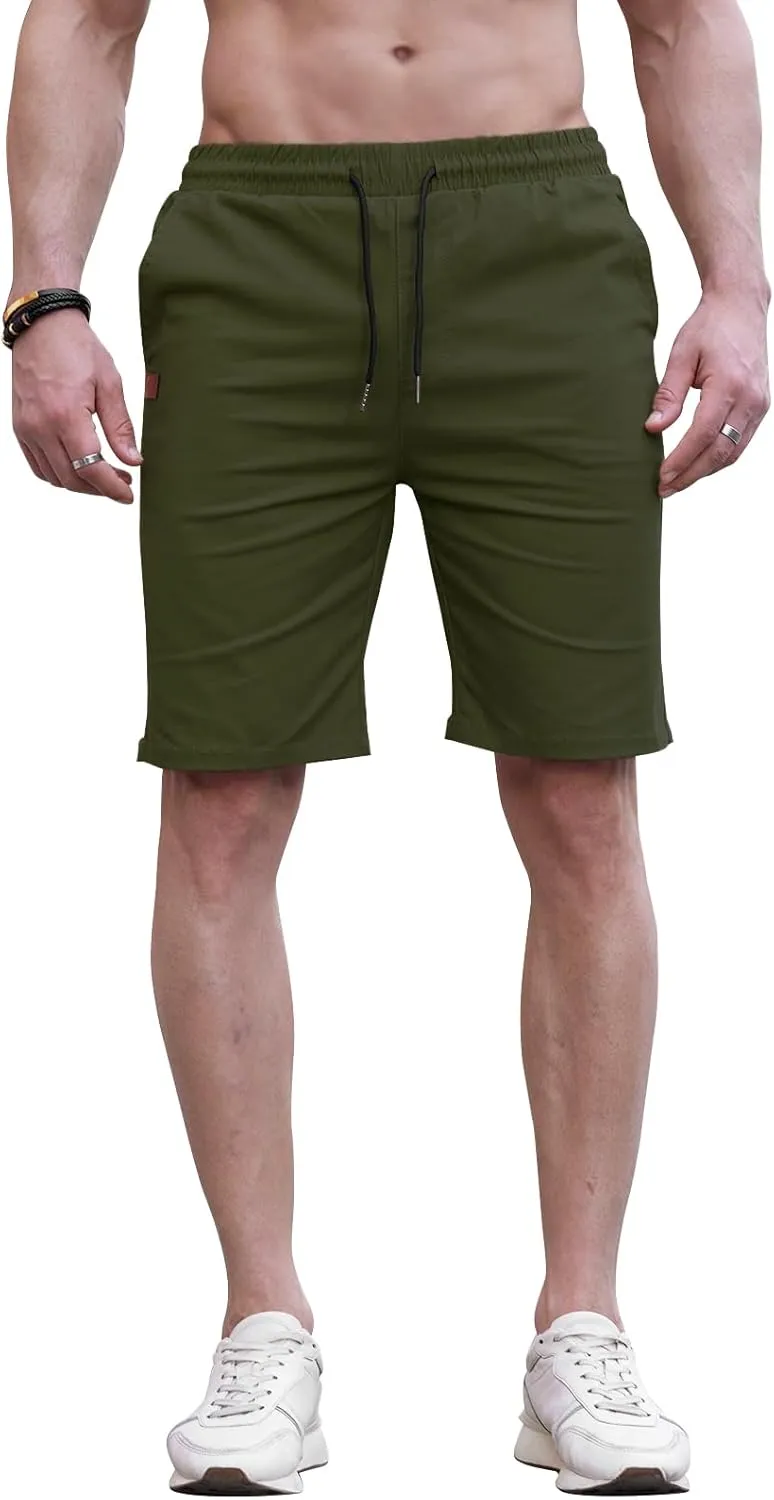 HUNGSON Mens Casual Shorts - Cotton Drawstring Summer Beach Stretch Twill Chino Golf Shorts