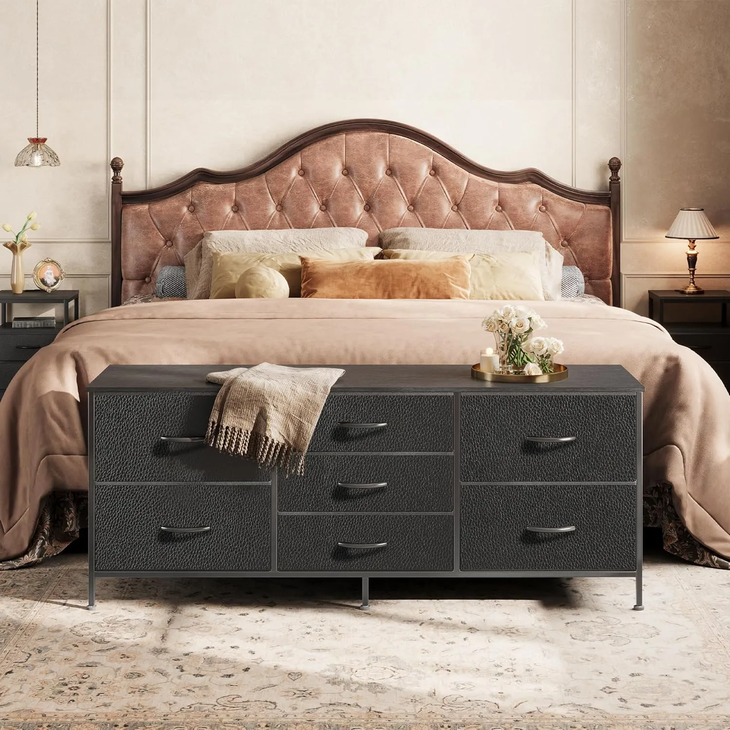 Huuger Dresser for Bedroom, 55 Inch TV Stand for 43, 55, 60 Inch TV, Long Fabric Dresser for Closet, TV Stand with 7 Drawers, Storage, Clothing, Black