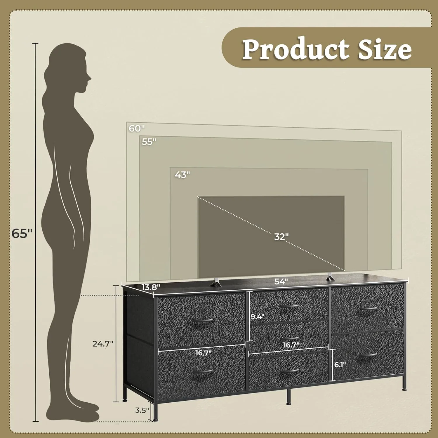 Huuger Dresser for Bedroom, 55 Inch TV Stand for 43, 55, 60 Inch TV, Long Fabric Dresser for Closet, TV Stand with 7 Drawers, Storage, Clothing, Black