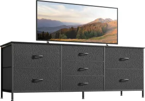 Huuger Dresser for Bedroom, 55 Inch TV Stand for 43, 55, 60 Inch TV, Long Fabric Dresser for Closet, TV Stand with 7 Drawers, Storage, Clothing, Black