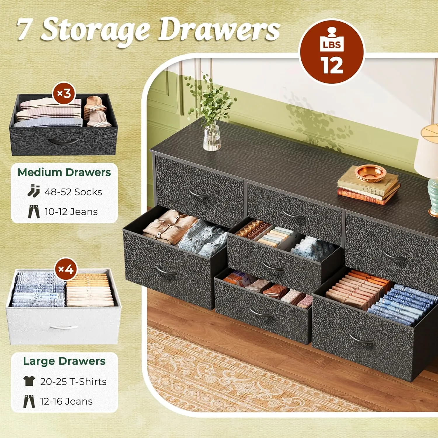 Huuger Dresser for Bedroom, 55 Inch TV Stand for 43, 55, 60 Inch TV, Long Fabric Dresser for Closet, TV Stand with 7 Drawers, Storage, Clothing, Black