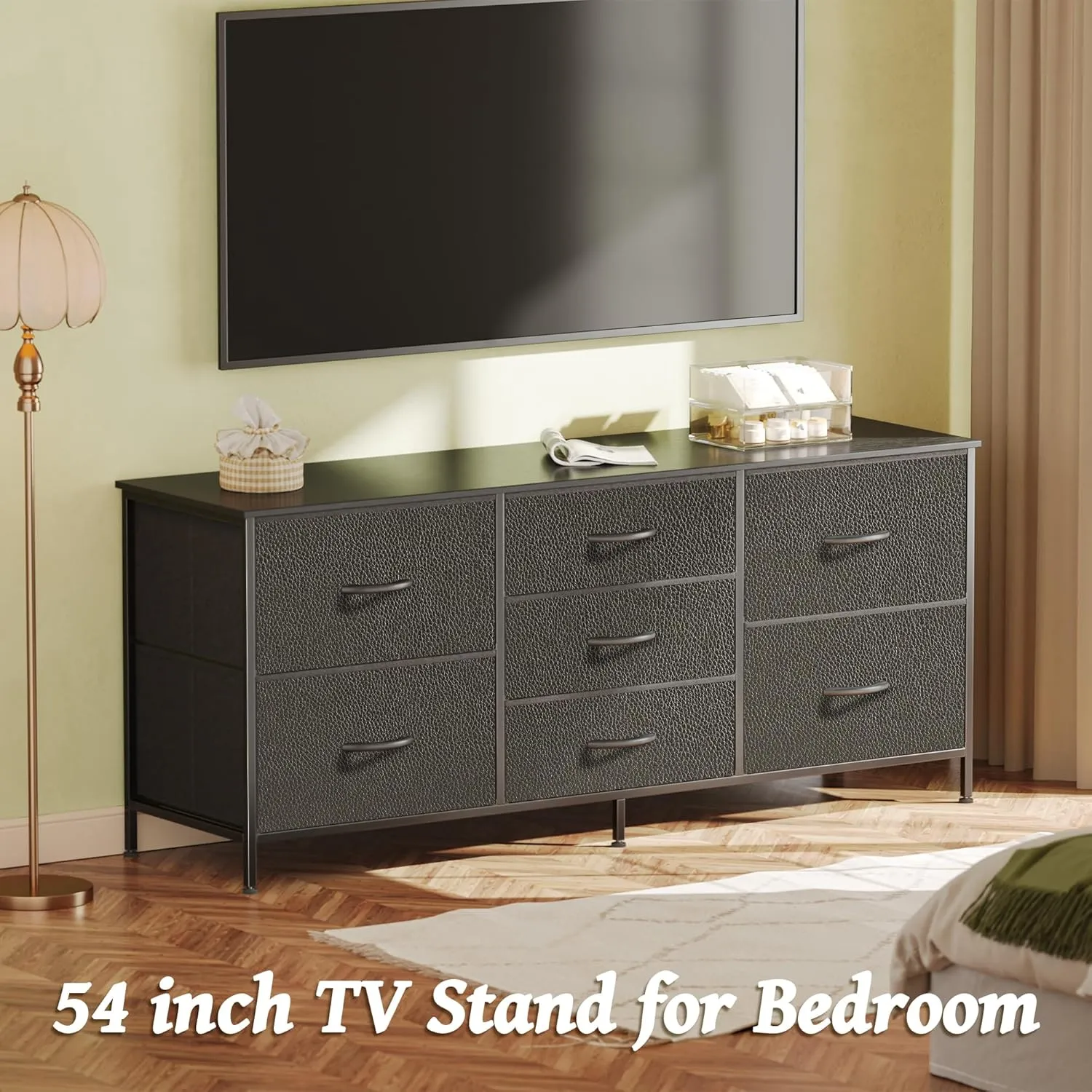 Huuger Dresser for Bedroom, 55 Inch TV Stand for 43, 55, 60 Inch TV, Long Fabric Dresser for Closet, TV Stand with 7 Drawers, Storage, Clothing, Black