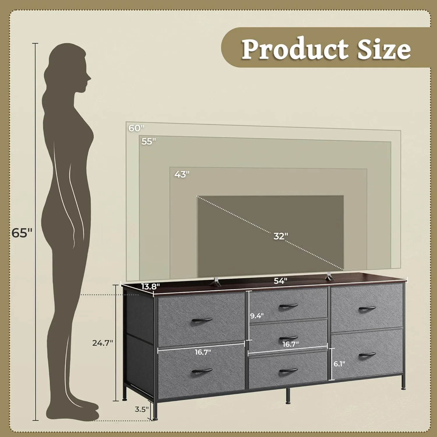Huuger Dresser for Bedroom, 55 Inch TV Stand for 43, 55, 60 Inch TV, Long Fabric Dresser for Closet, TV Stand with 7 Drawers, Storage, Clothing, Dark Grey