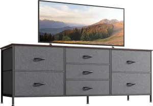 Huuger Dresser for Bedroom, 55 Inch TV Stand for 43, 55, 60 Inch TV, Long Fabric Dresser for Closet, TV Stand with 7 Drawers, Storage, Clothing, Dark Grey