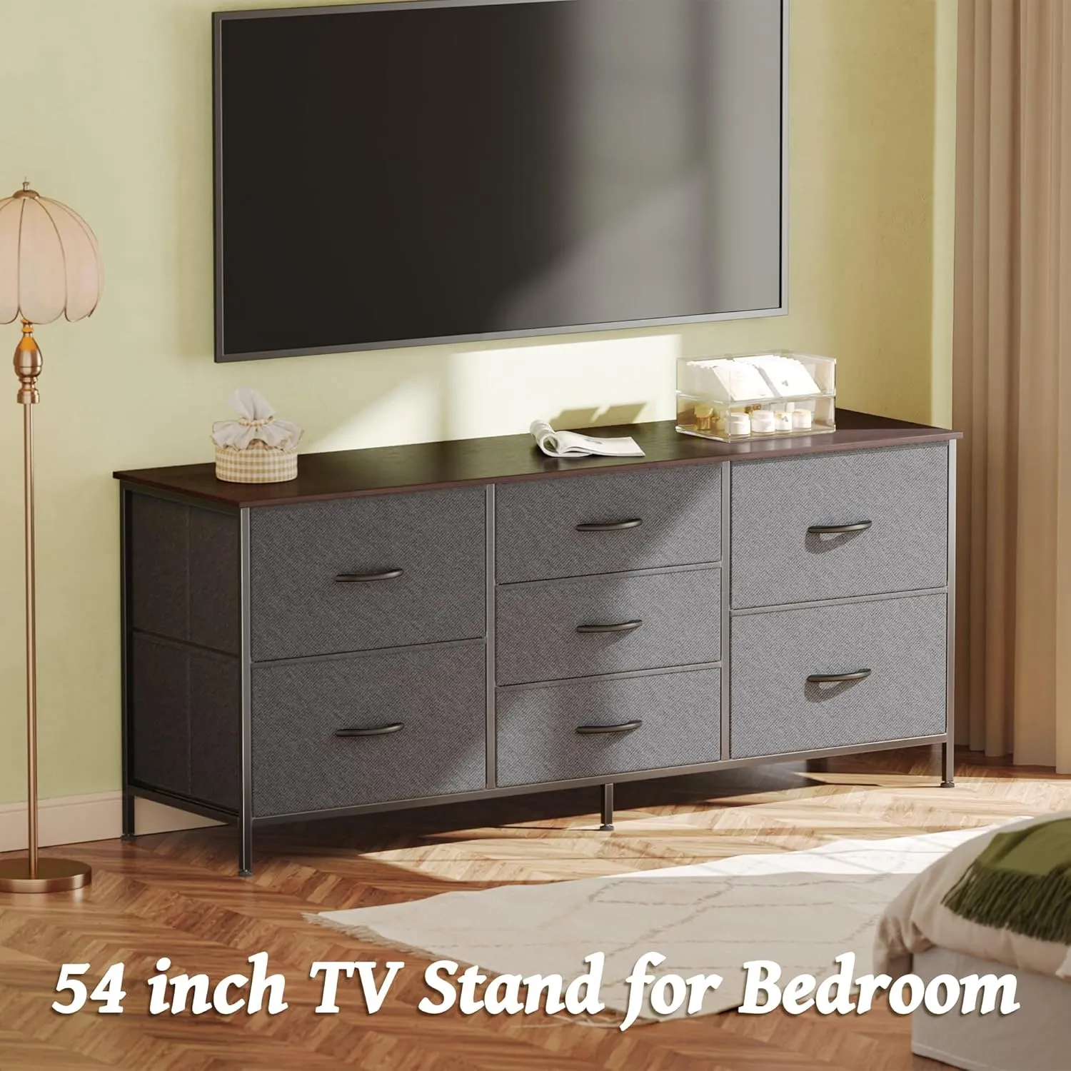 Huuger Dresser for Bedroom, 55 Inch TV Stand for 43, 55, 60 Inch TV, Long Fabric Dresser for Closet, TV Stand with 7 Drawers, Storage, Clothing, Dark Grey