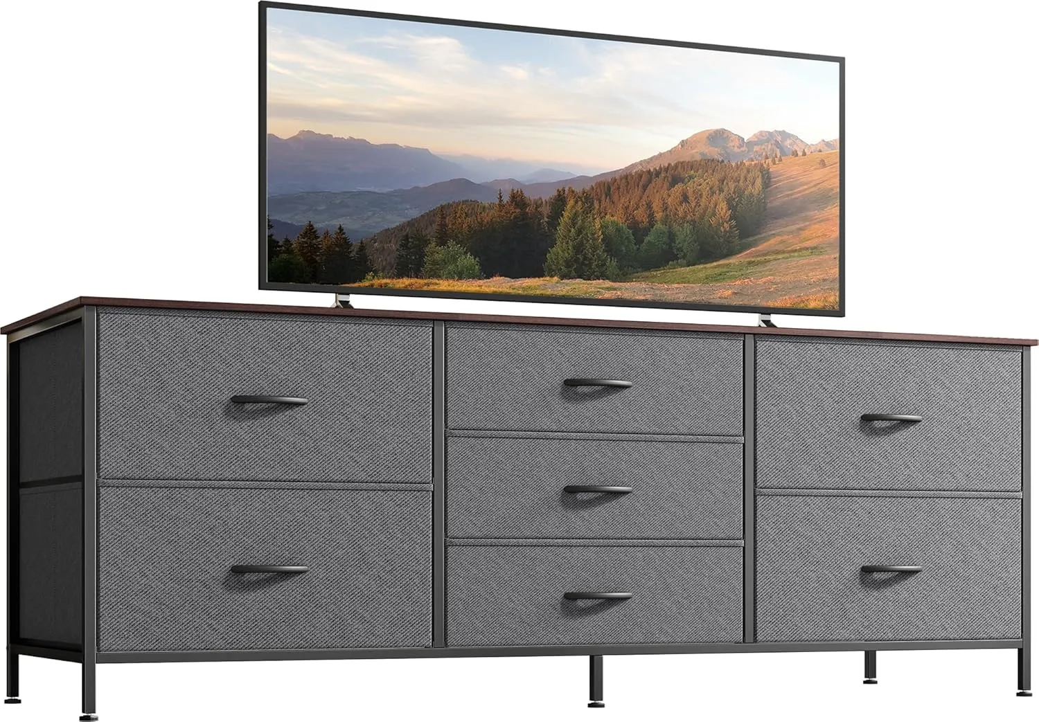 Huuger Dresser for Bedroom, 55 Inch TV Stand for 43, 55, 60 Inch TV, Long Fabric Dresser for Closet, TV Stand with 7 Drawers, Storage, Clothing, Dark Grey