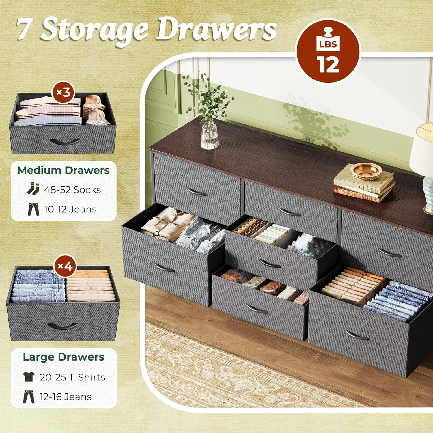 Huuger Dresser for Bedroom, 55 Inch TV Stand for 43, 55, 60 Inch TV, Long Fabric Dresser for Closet, TV Stand with 7 Drawers, Storage, Clothing, Dark Grey