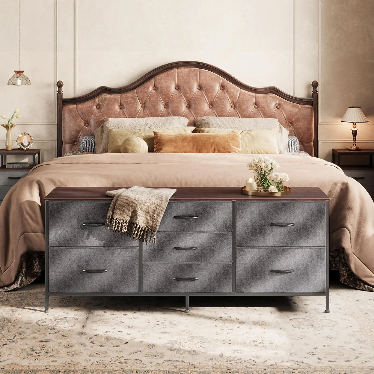 Huuger Dresser for Bedroom, 55 Inch TV Stand for 43, 55, 60 Inch TV, Long Fabric Dresser for Closet, TV Stand with 7 Drawers, Storage, Clothing, Dark Grey