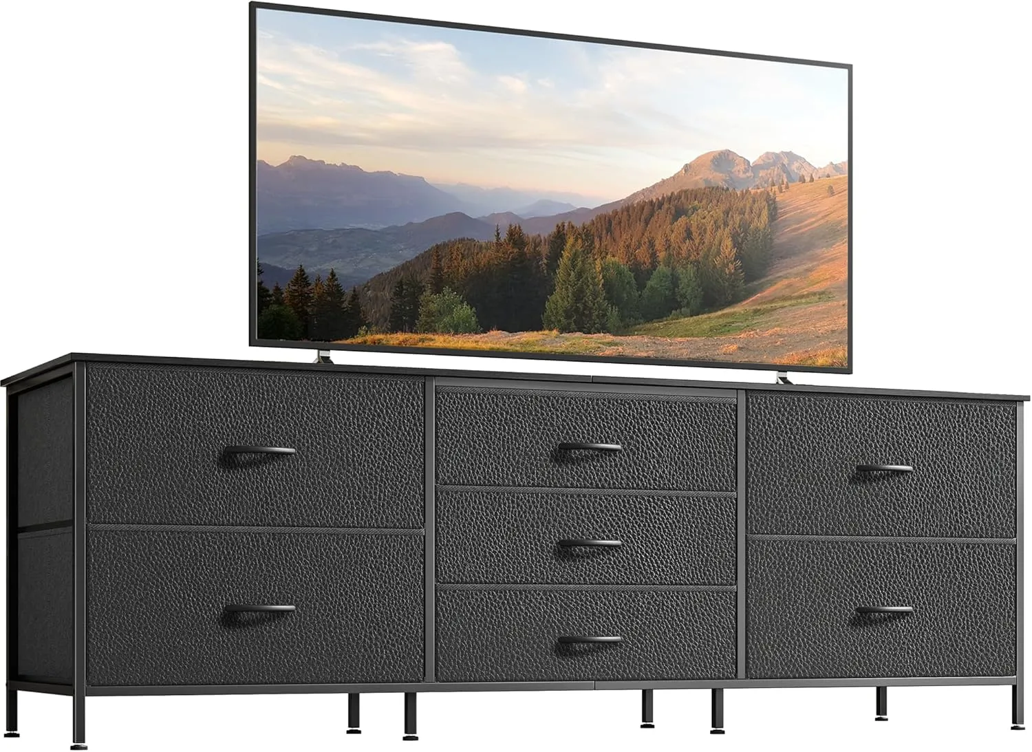 Huuger Dresser for Bedroom, 63 Inch TV Stand for 55, 65, 70 Inch TV, Long Fabric Dresser for Closet, Chest of Drawers for Storage, Clothing, 7 Drawers, Black