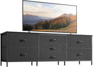 Huuger Dresser for Bedroom, 63 Inch TV Stand for 55, 65, 70 Inch TV, Long Fabric Dresser for Closet, Chest of Drawers for Storage, Clothing, 7 Drawers, Black