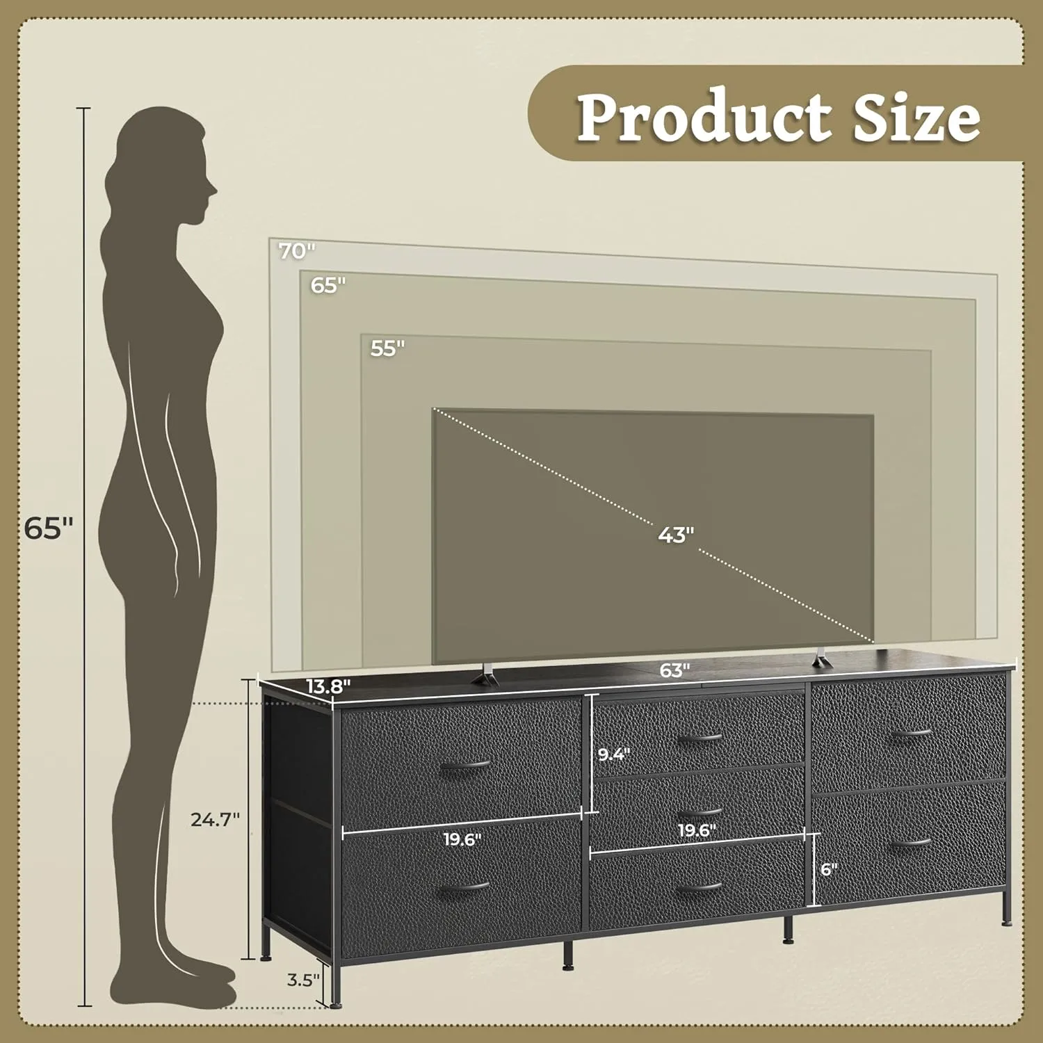 Huuger Dresser for Bedroom, 63 Inch TV Stand for 55, 65, 70 Inch TV, Long Fabric Dresser for Closet, Chest of Drawers for Storage, Clothing, 7 Drawers, Black