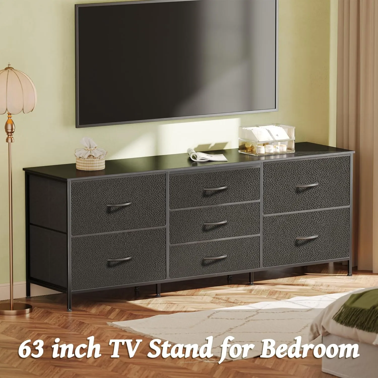 Huuger Dresser for Bedroom, 63 Inch TV Stand for 55, 65, 70 Inch TV, Long Fabric Dresser for Closet, Chest of Drawers for Storage, Clothing, 7 Drawers, Black