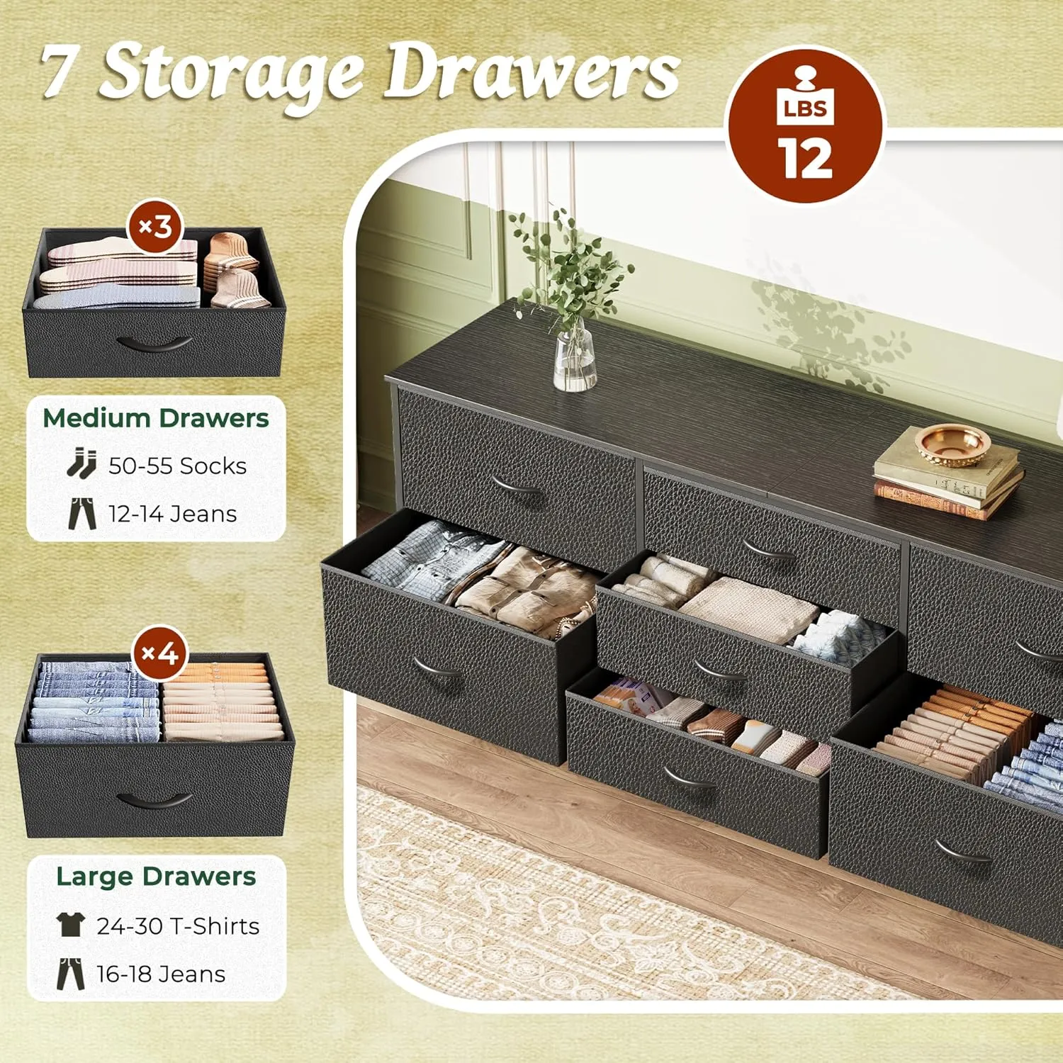 Huuger Dresser for Bedroom, 63 Inch TV Stand for 55, 65, 70 Inch TV, Long Fabric Dresser for Closet, Chest of Drawers for Storage, Clothing, 7 Drawers, Black