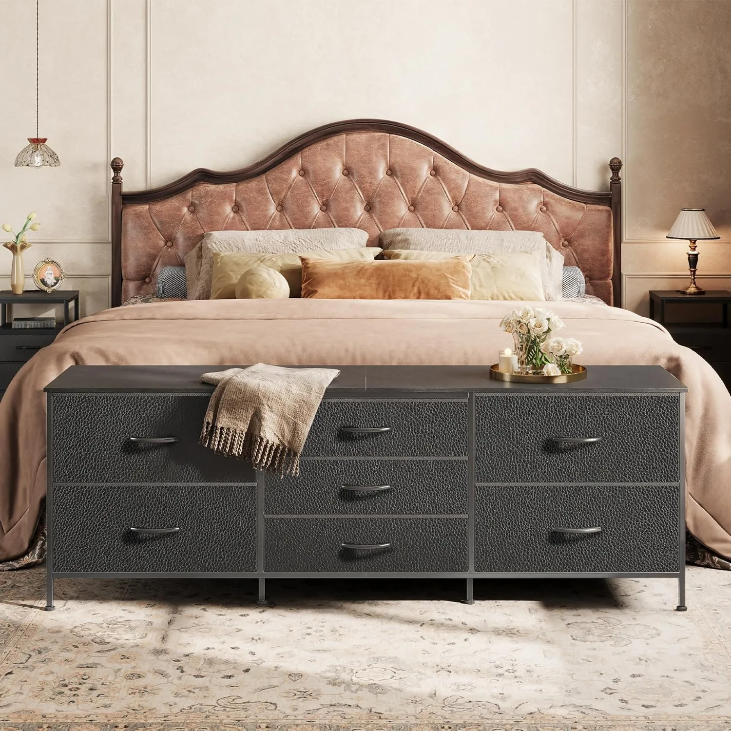 Huuger Dresser for Bedroom, 63 Inch TV Stand for 55, 65, 70 Inch TV, Long Fabric Dresser for Closet, Chest of Drawers for Storage, Clothing, 7 Drawers, Black