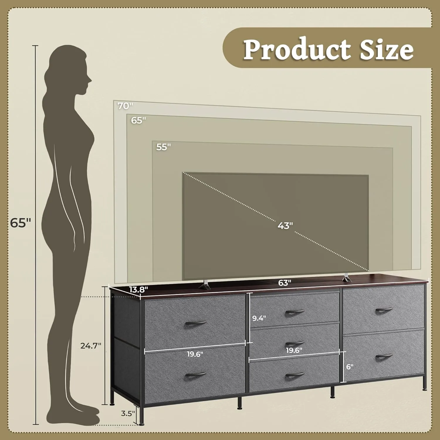 Huuger Dresser for Bedroom, 63 Inch TV Stand for 55, 65, 70 Inch TV, Long Fabric Dresser with 7 Drawers, Chest of Drawers for Storage, Closet, Clothing, Dark Grey