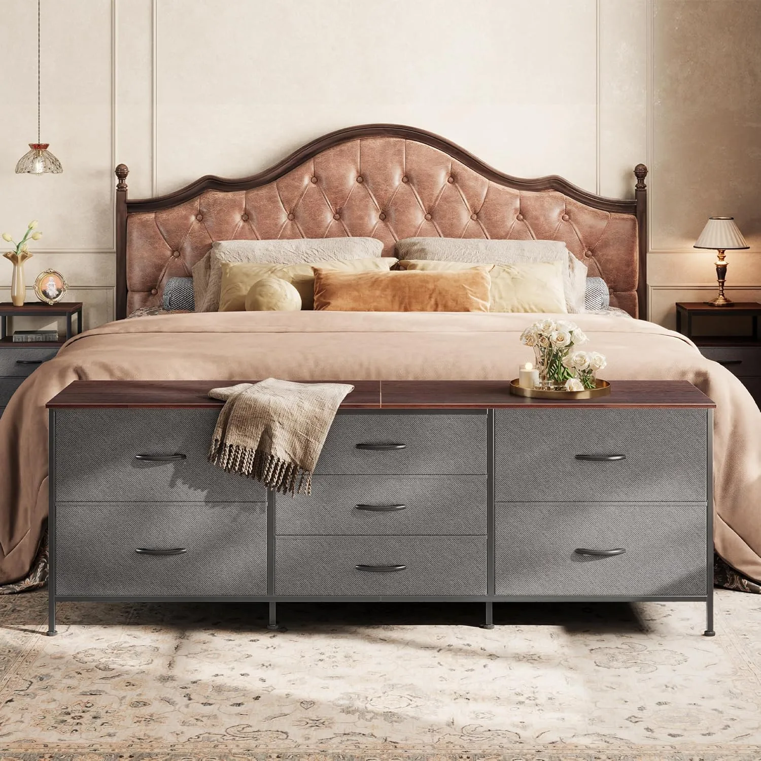 Huuger Dresser for Bedroom, 63 Inch TV Stand for 55, 65, 70 Inch TV, Long Fabric Dresser with 7 Drawers, Chest of Drawers for Storage, Closet, Clothing, Dark Grey