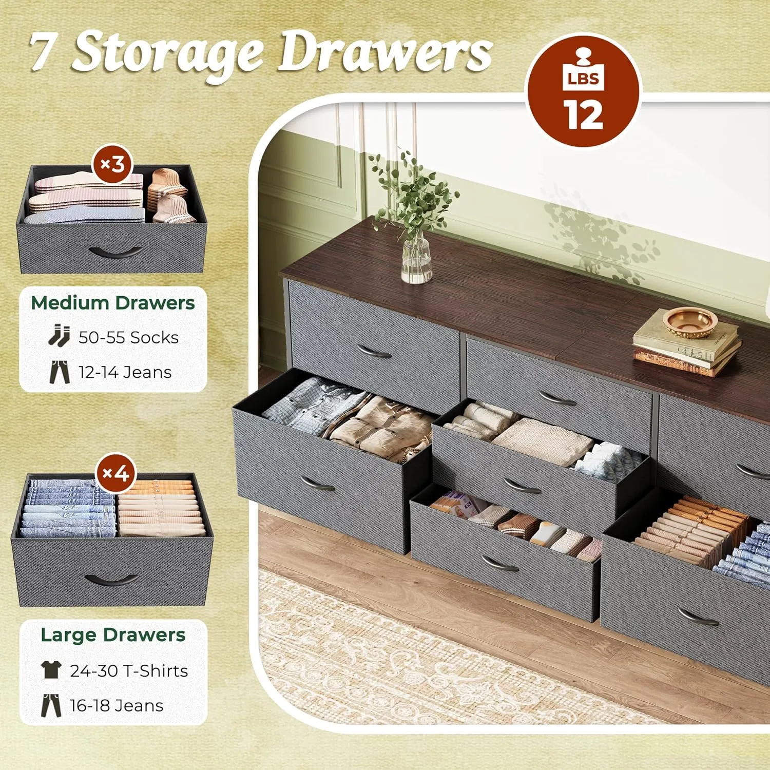 Huuger Dresser for Bedroom, 63 Inch TV Stand for 55, 65, 70 Inch TV, Long Fabric Dresser with 7 Drawers, Chest of Drawers for Storage, Closet, Clothing, Dark Grey