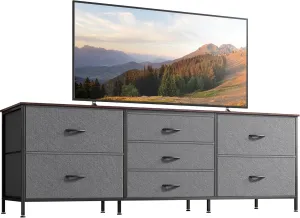 Huuger Dresser for Bedroom, 63 Inch TV Stand for 55, 65, 70 Inch TV, Long Fabric Dresser with 7 Drawers, Chest of Drawers for Storage, Closet, Clothing, Dark Grey