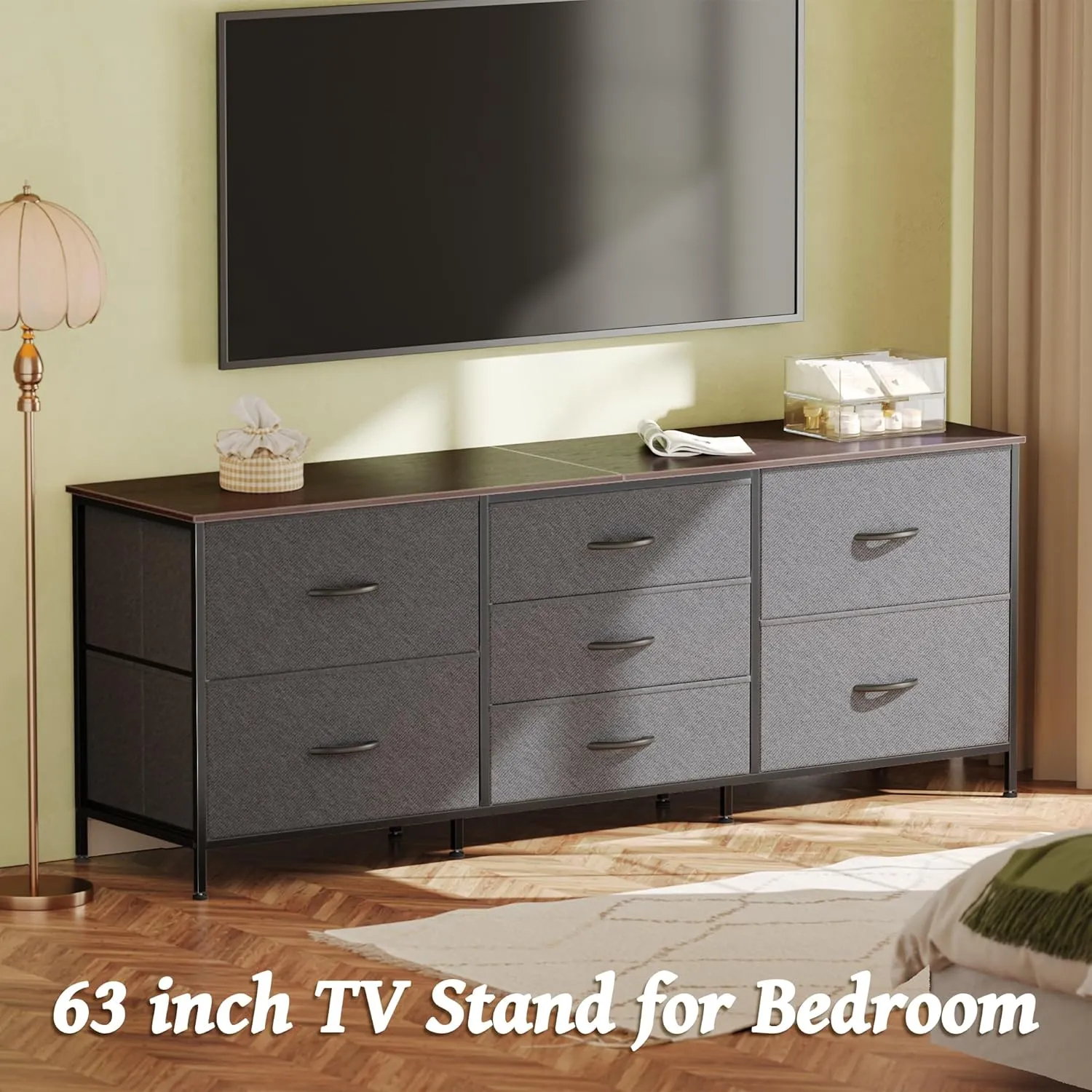 Huuger Dresser for Bedroom, 63 Inch TV Stand for 55, 65, 70 Inch TV, Long Fabric Dresser with 7 Drawers, Chest of Drawers for Storage, Closet, Clothing, Dark Grey