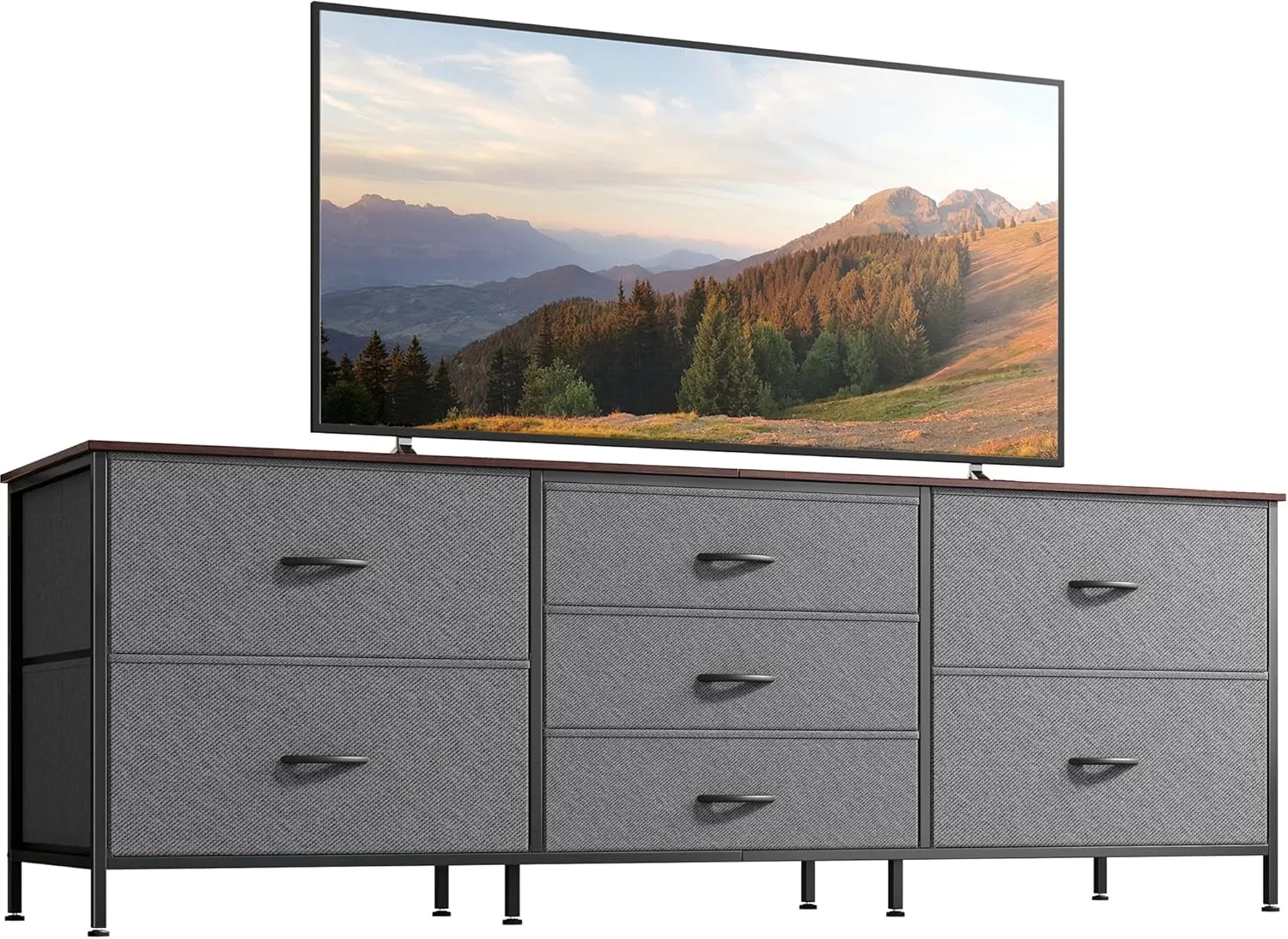 Huuger Dresser for Bedroom, 63 Inch TV Stand for 55, 65, 70 Inch TV, Long Fabric Dresser with 7 Drawers, Chest of Drawers for Storage, Closet, Clothing, Dark Grey