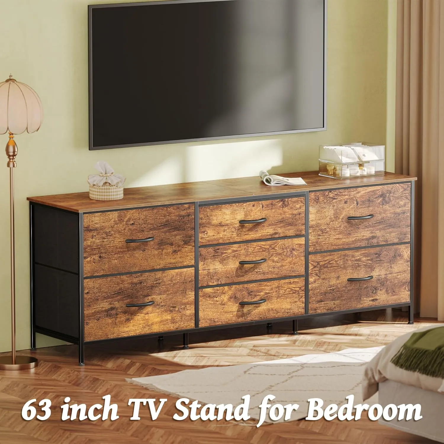 Huuger Dresser for Bedroom, 63 Inch TV Stand for 55, 65, 70 Inch TV, Long Fabric Dresser with 7 Drawers, Chest of Drawers for Storage, Closet, Clothing, Rustic Brown