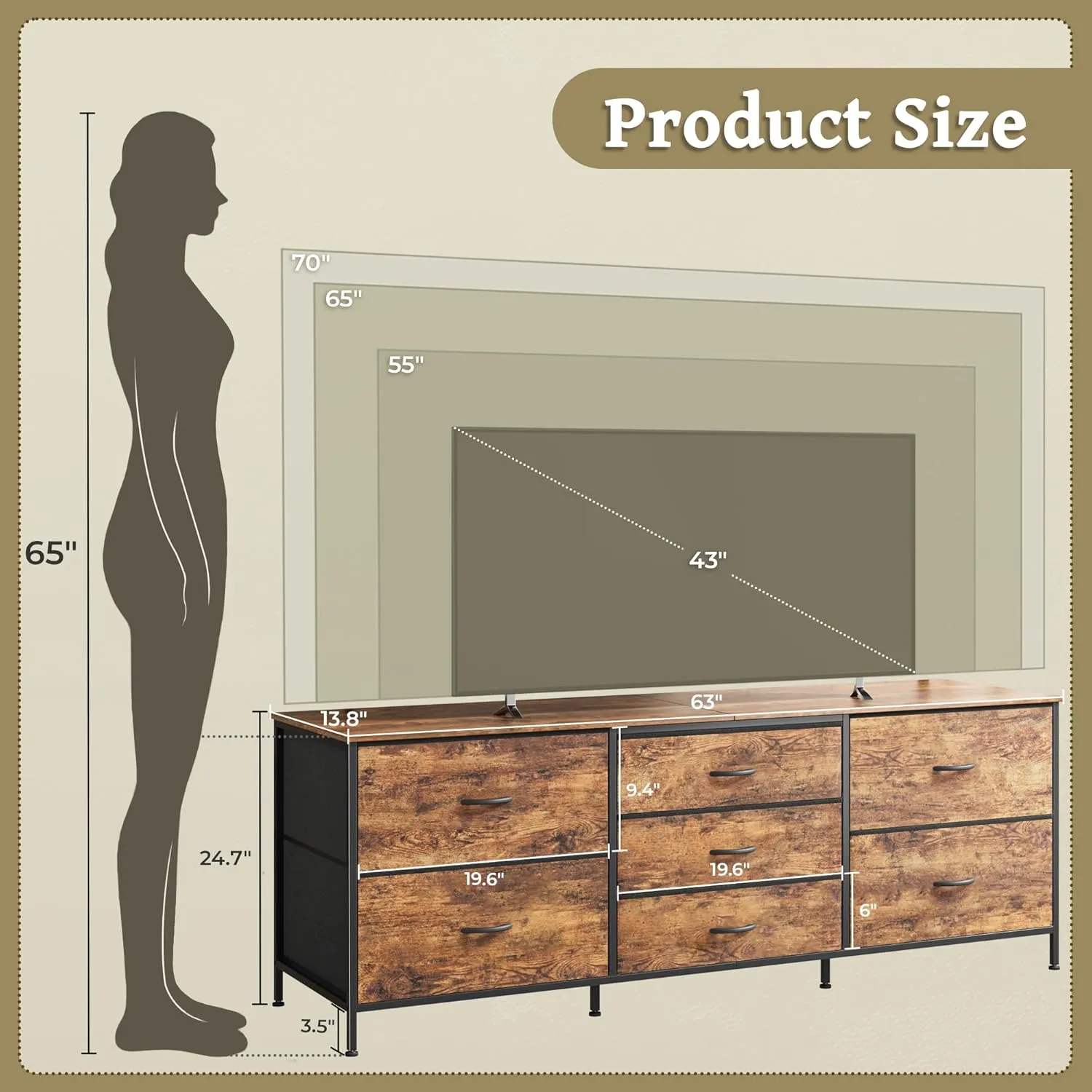 Huuger Dresser for Bedroom, 63 Inch TV Stand for 55, 65, 70 Inch TV, Long Fabric Dresser with 7 Drawers, Chest of Drawers for Storage, Closet, Clothing, Rustic Brown