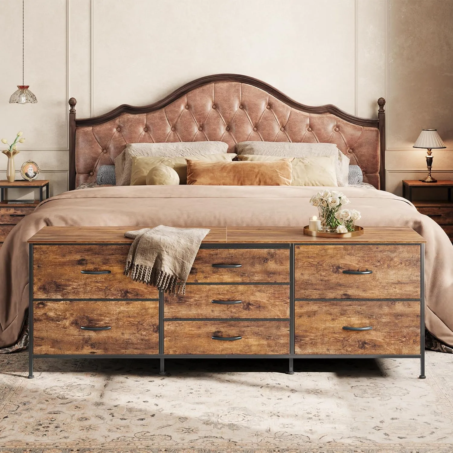 Huuger Dresser for Bedroom, 63 Inch TV Stand for 55, 65, 70 Inch TV, Long Fabric Dresser with 7 Drawers, Chest of Drawers for Storage, Closet, Clothing, Rustic Brown