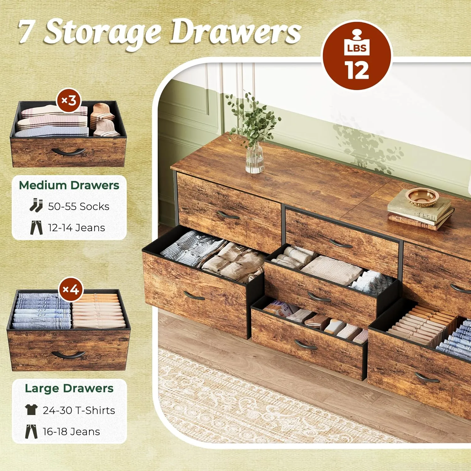 Huuger Dresser for Bedroom, 63 Inch TV Stand for 55, 65, 70 Inch TV, Long Fabric Dresser with 7 Drawers, Chest of Drawers for Storage, Closet, Clothing, Rustic Brown