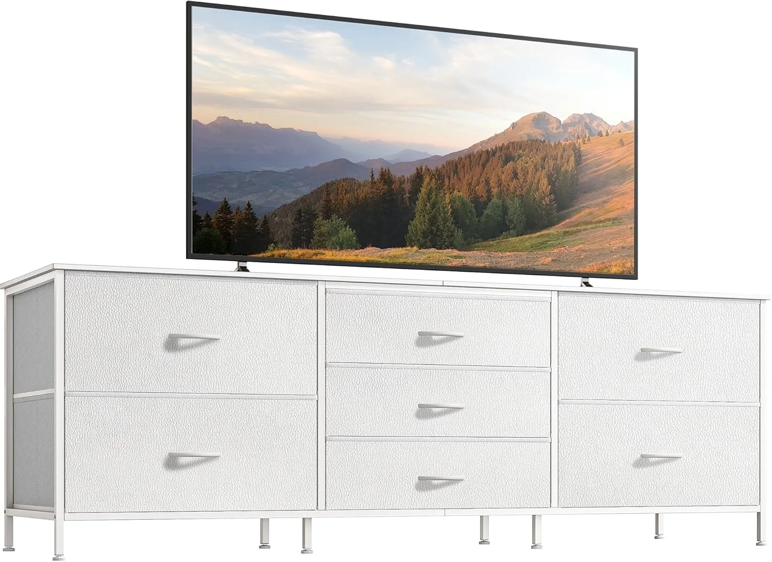 Huuger Dresser for Bedroom, 63 Inch TV Stand for 55, 65, 70 Inch TV, Long Fabric Dresser with 7 Drawers, Chest of Drawers for Storage, Closet, Clothing, White