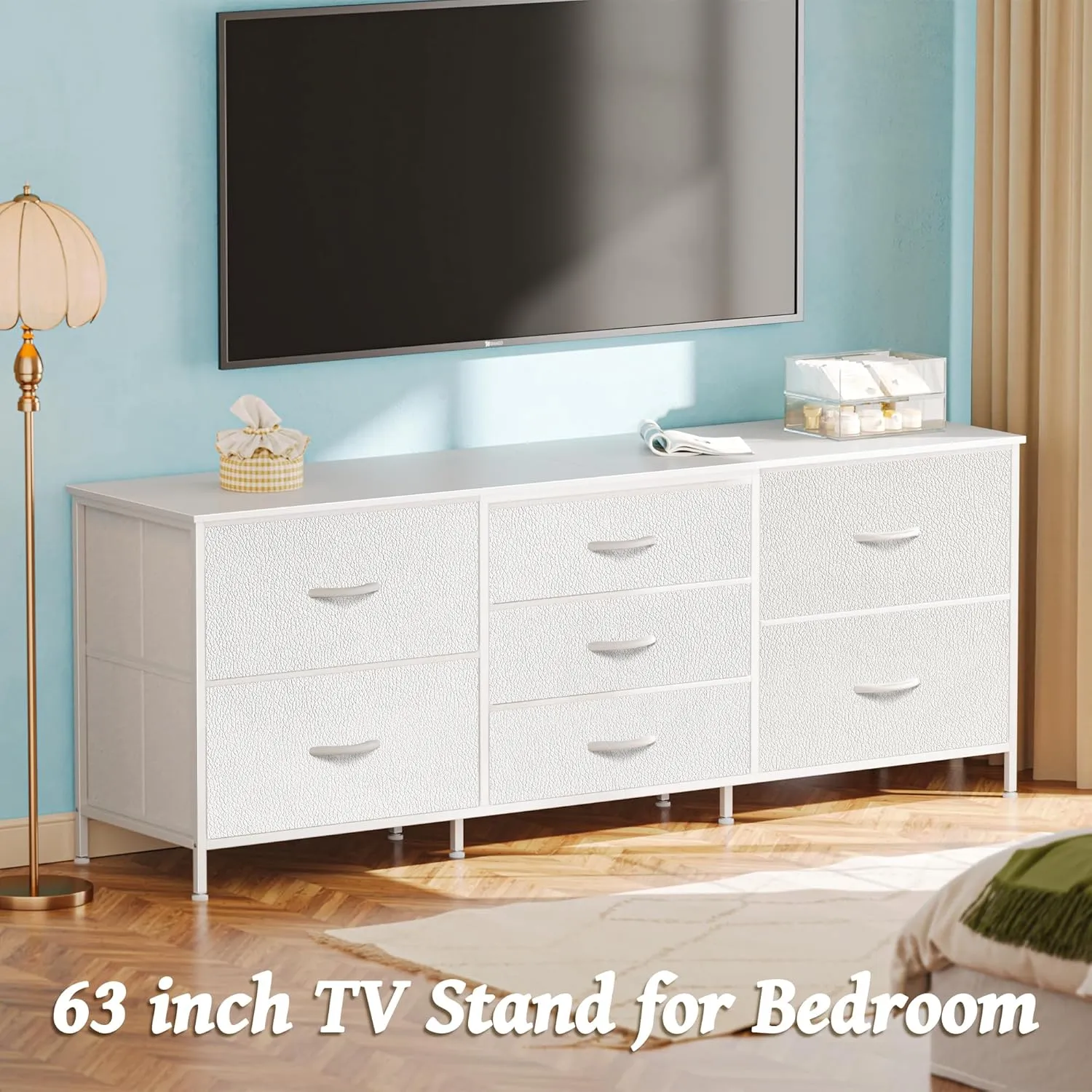 Huuger Dresser for Bedroom, 63 Inch TV Stand for 55, 65, 70 Inch TV, Long Fabric Dresser with 7 Drawers, Chest of Drawers for Storage, Closet, Clothing, White