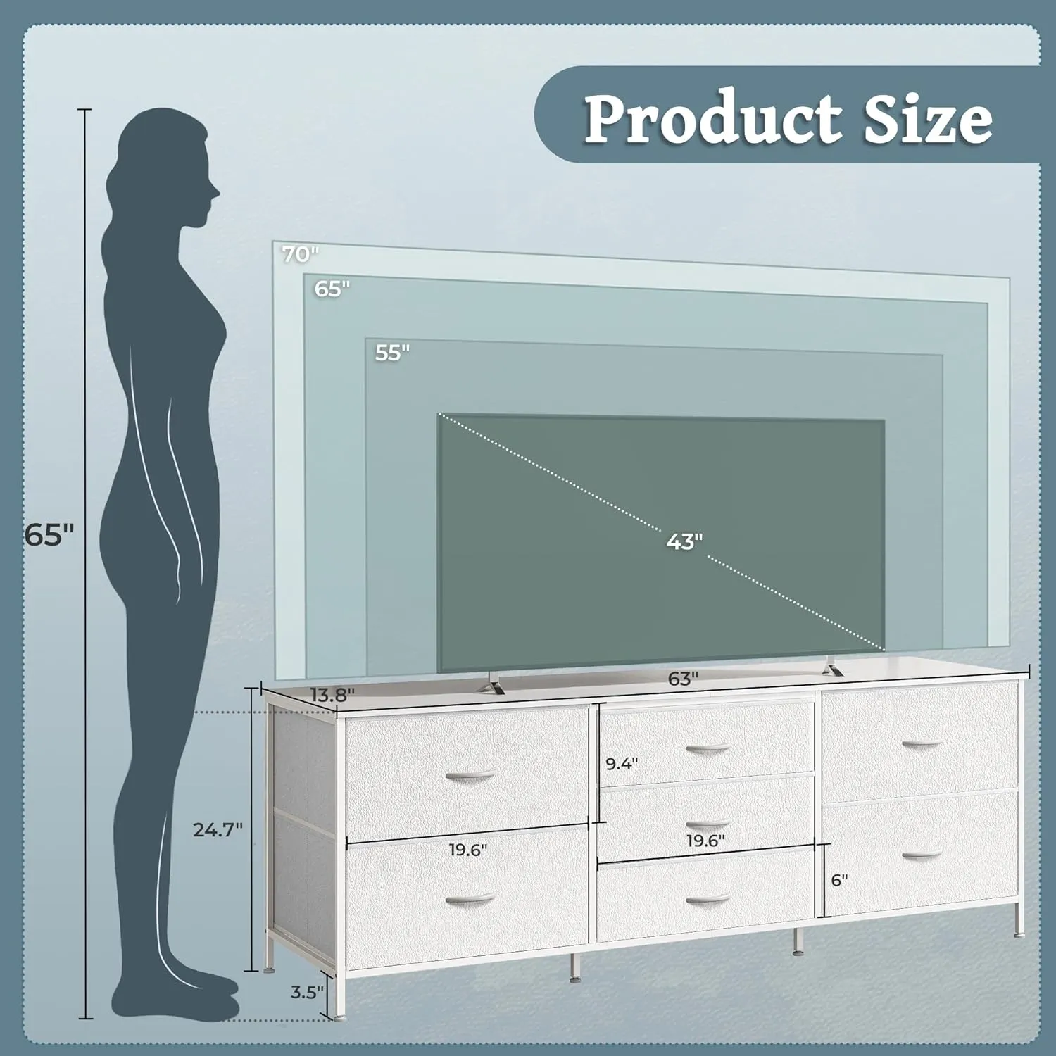 Huuger Dresser for Bedroom, 63 Inch TV Stand for 55, 65, 70 Inch TV, Long Fabric Dresser with 7 Drawers, Chest of Drawers for Storage, Closet, Clothing, White