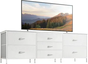Huuger Dresser for Bedroom, 63 Inch TV Stand for 55, 65, 70 Inch TV, Long Fabric Dresser with 7 Drawers, Chest of Drawers for Storage, Closet, Clothing, White