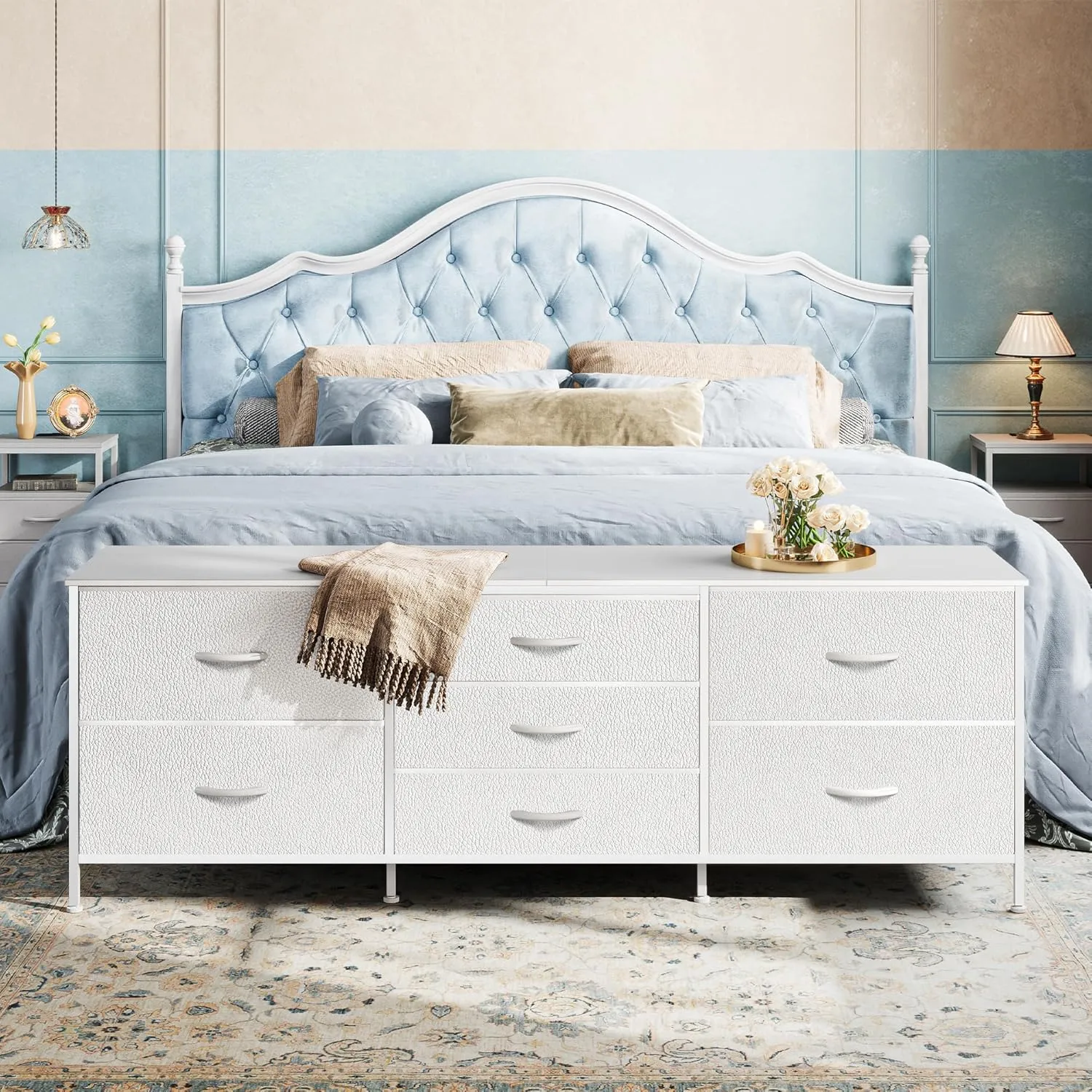 Huuger Dresser for Bedroom, 63 Inch TV Stand for 55, 65, 70 Inch TV, Long Fabric Dresser with 7 Drawers, Chest of Drawers for Storage, Closet, Clothing, White