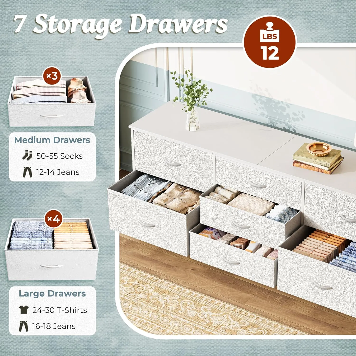 Huuger Dresser for Bedroom, 63 Inch TV Stand for 55, 65, 70 Inch TV, Long Fabric Dresser with 7 Drawers, Chest of Drawers for Storage, Closet, Clothing, White
