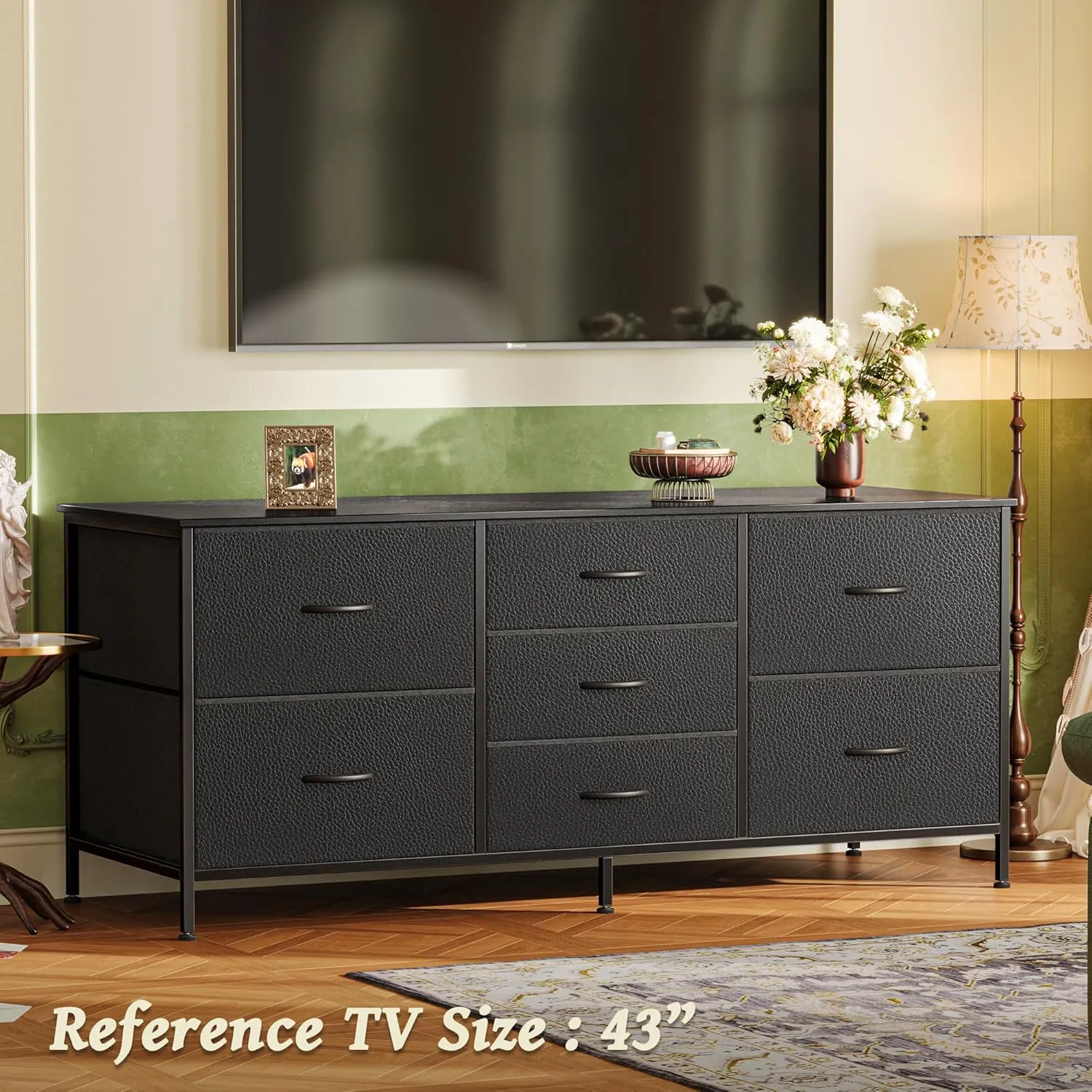 Huuger Dresser with 7 Fabric Drawers, 47 Inch Dresser TV Stand for 43, 50, 55 Inch TV, Metal Frame, for Bedroom, Clothing, Black