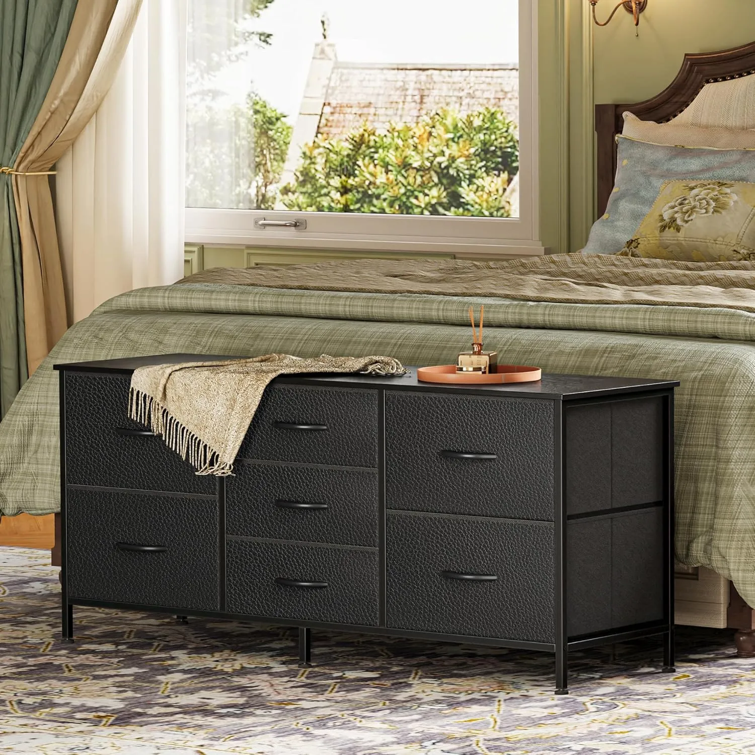 Huuger Dresser with 7 Fabric Drawers, 47 Inch Dresser TV Stand for 43, 50, 55 Inch TV, Metal Frame, for Bedroom, Clothing, Black