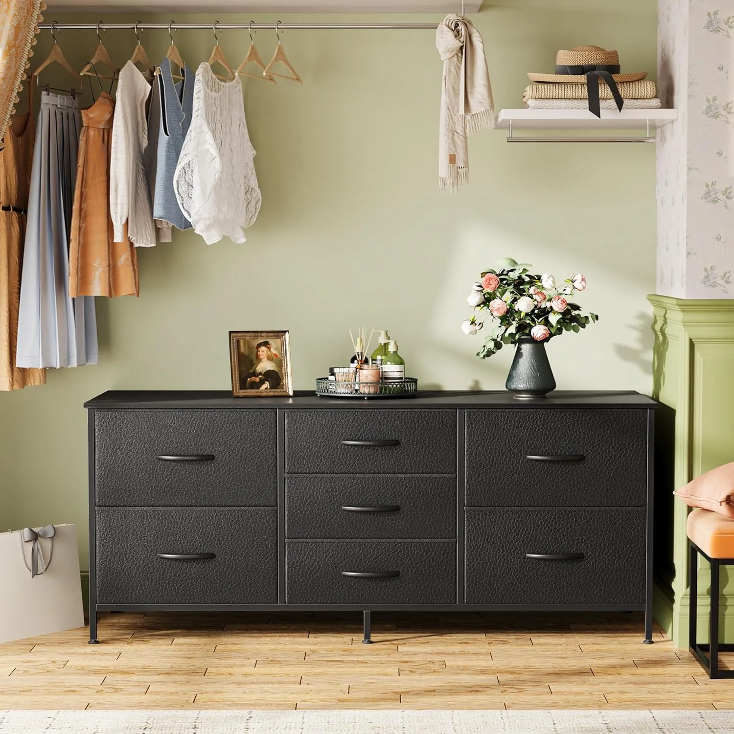 Huuger Dresser with 7 Fabric Drawers, 47 Inch Dresser TV Stand for 43, 50, 55 Inch TV, Metal Frame, for Bedroom, Clothing, Black
