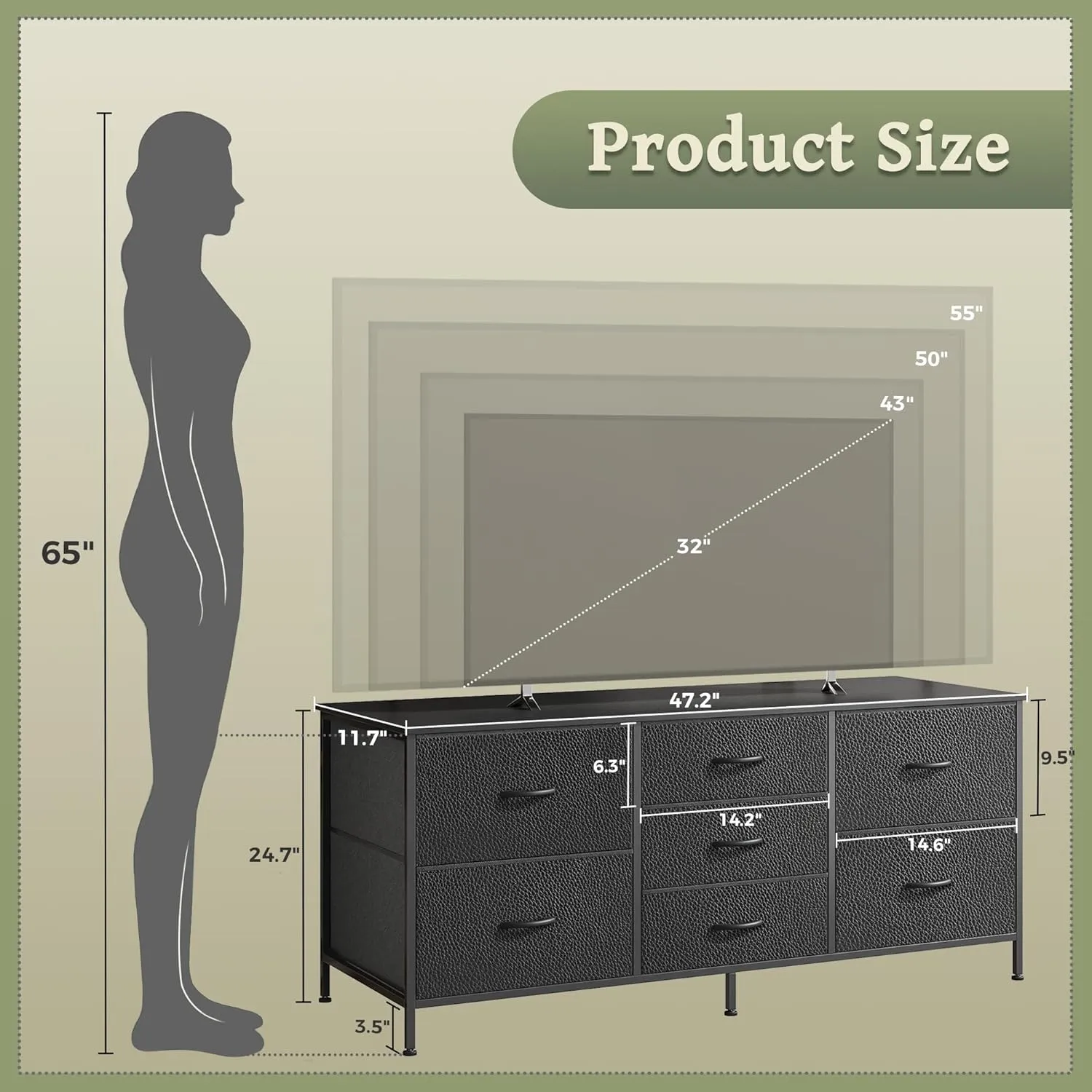 Huuger Dresser with 7 Fabric Drawers, 47 Inch Dresser TV Stand for 43, 50, 55 Inch TV, Metal Frame, for Bedroom, Clothing, Black