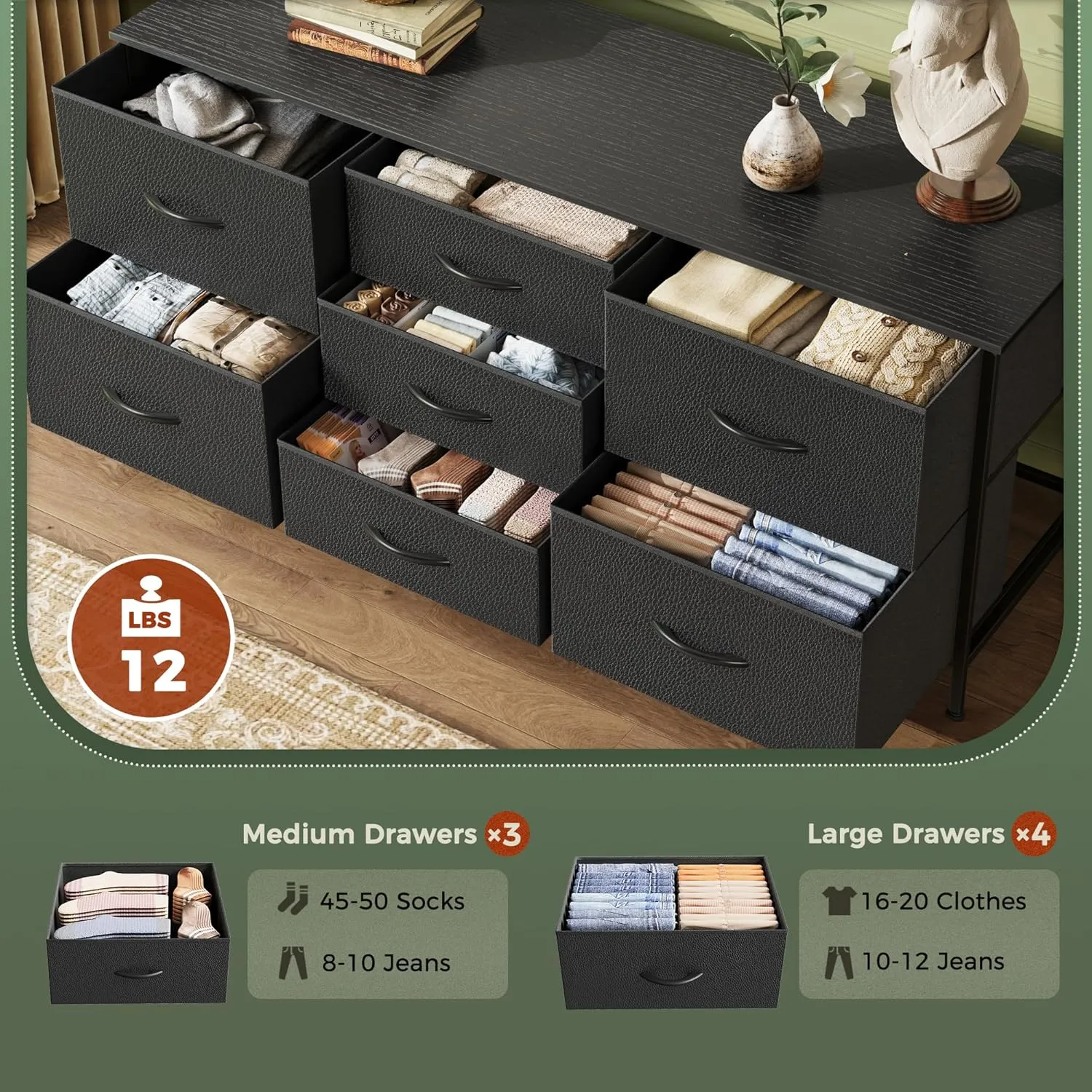 Huuger Dresser with 7 Fabric Drawers, 47 Inch Dresser TV Stand for 43, 50, 55 Inch TV, Metal Frame, for Bedroom, Clothing, Black